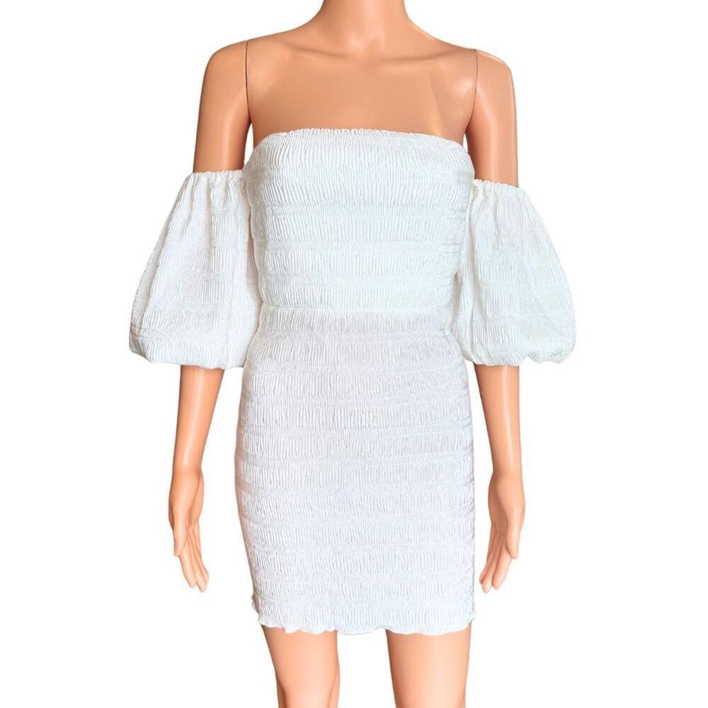 Nwt L'idee Art Deco White Pleated Off Shoulder Puff Sleeve Mini Dress 8 Smocked — image 4 of 8